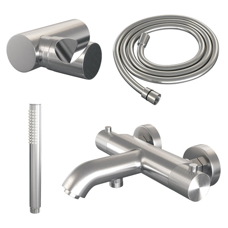 BRAUER Brushed Carving opbouw baddouche thermostaatkraan SET 03 met wandhouder en staaf handdouche en doucheslang RVS geborsteld PVD