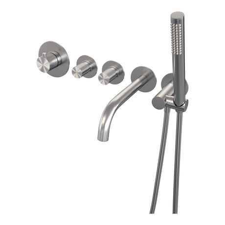 BRAUER Brushed Carving thermostatische inbouw badkraan SET 01 met uitloop en staaf handdouche en doucheslang en wandaansluitbocht RVS geborsteld PVD
