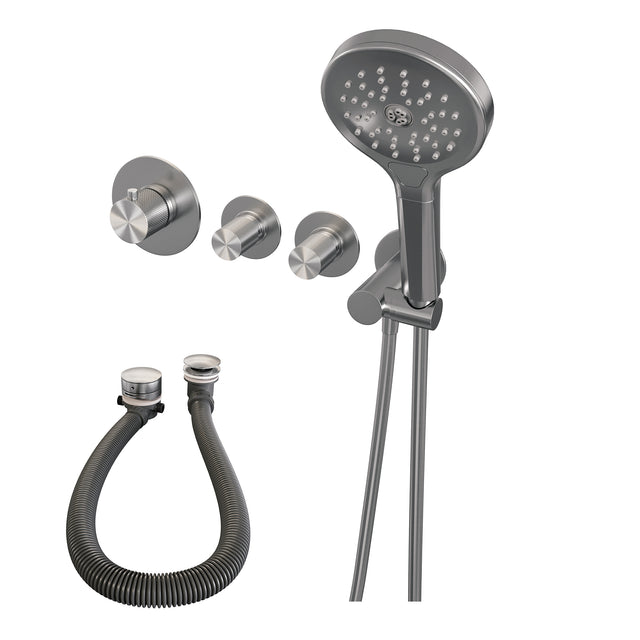 BRAUER Brushed Carving thermostatische inbouw badkraan SET 02 met badvulcombinatie en 3-standen handdouche en doucheslang en wandaansluitbocht RVS geborsteld PVD