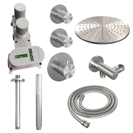 BRAUER Brushed Carving thermostatische inbouw regendouche SET 06 met 30 cm douchekop en plafondarm en staaf handdouche en doucheslang en wandaansluitbocht RVS geborsteld PVD