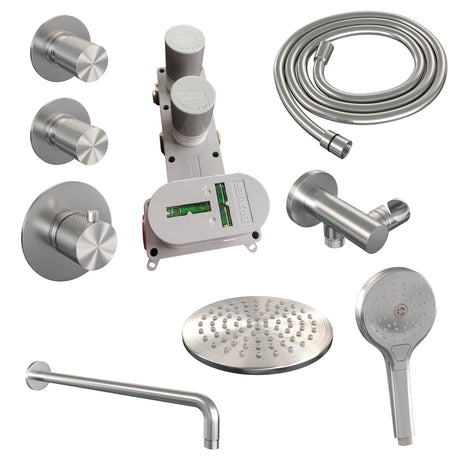 BRAUER Brushed Carving thermostatische inbouw regendouche SET 09 met 20 cm douchekop en gebogen muurarm en 3-standen handdouche en doucheslang en wandaansluitbocht RVS geborsteld PVD
