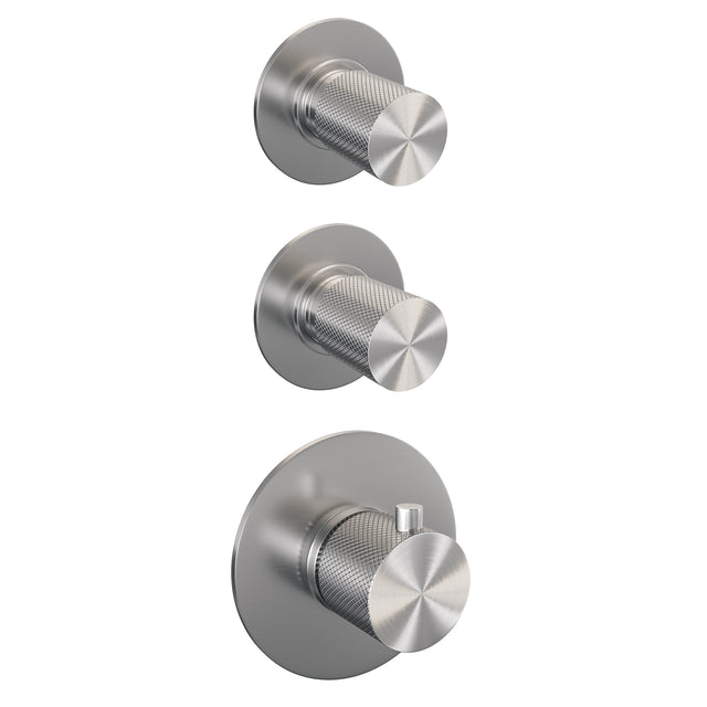 BRAUER Brushed Carving thermostatische inbouw regendouche SET 09 met 20 cm douchekop en gebogen muurarm en 3-standen handdouche en doucheslang en wandaansluitbocht RVS geborsteld PVD