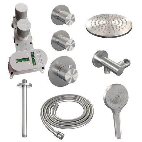 BRAUER Brushed Carving thermostatische inbouw regendouche SET 11 met 20 cm douchekop en plafondarm en 3-standen handdouche en doucheslang en wandaansluitbocht RVS geborsteld PVD