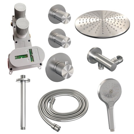 BRAUER Brushed Carving thermostatische inbouw regendouche SET 12 met 30 cm douchekop en plafondarm en 3-standen handdouche en doucheslang en wandaansluitbocht RVS geborsteld PVD