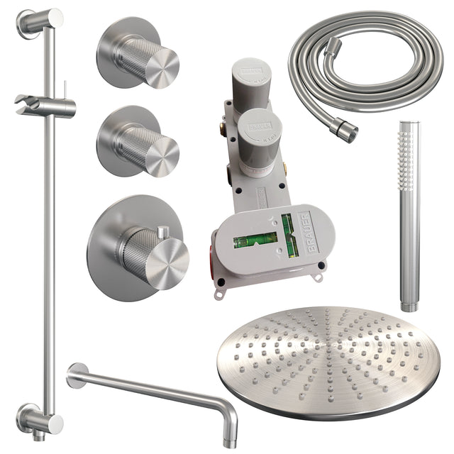 BRAUER Brushed Carving thermostatische inbouw regendouche SET 16 met 30 cm douchekop en gebogen muurarm en staaf handdouche en doucheslang en geïntegreerde glijstang RVS geborsteld PVD