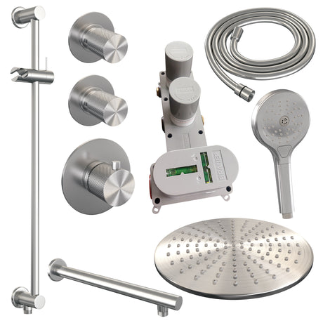 BRAUER Brushed Carving thermostatische inbouw regendouche SET 20 met 30 cm douchekop en rechte muurarm en 3-standen handdouche en doucheslang en geïntegreerde glijstang RVS geborsteld PVD