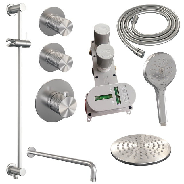 BRAUER Brushed Carving thermostatische inbouw regendouche SET 21 met 20 cm douchekop en gebogen muurarm en 3-standen handdouche en doucheslang en geïntegreerde glijstang RVS geborsteld PVD