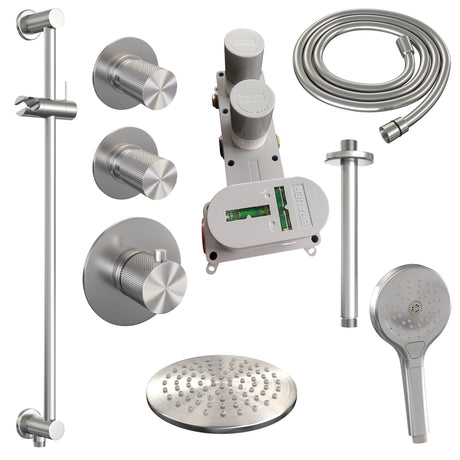 BRAUER Brushed Carving thermostatische inbouw regendouche SET 23 met 20 cm douchekop en plafondarm en 3-standen handdouche en doucheslang en geïntegreerde glijstang RVS geborsteld PVD