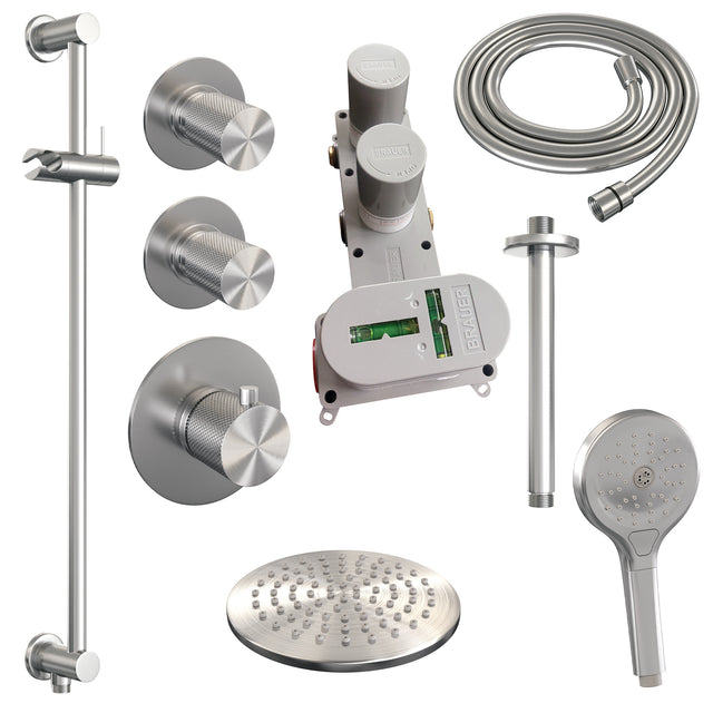 BRAUER Brushed Carving thermostatische inbouw regendouche SET 23 met 20 cm douchekop en plafondarm en 3-standen handdouche en doucheslang en geïntegreerde glijstang RVS geborsteld PVD