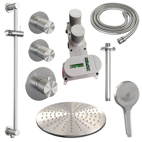 BRAUER Brushed Carving thermostatische inbouw regendouche SET 24 met 30 cm douchekop en plafondarm en 3-standen handdouche en doucheslang en geïntegreerde glijstang RVS geborsteld PVD