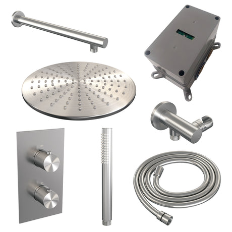 BRAUER Brushed Carving thermostatische inbouw regendouche 3-weg omstelling SET 26 met 30 cm douchekop en rechte muurarm en staaf handdouche en doucheslang en wandaansluitbocht RVS geborsteld PVD