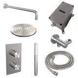 BRAUER Brushed Carving thermostatische inbouw regendouche 3-weg omstelling SET 27 met 20 cm douchekop en gebogen muurarm en staaf handdouche en doucheslang en wandaansluitbocht RVS geborsteld PVD