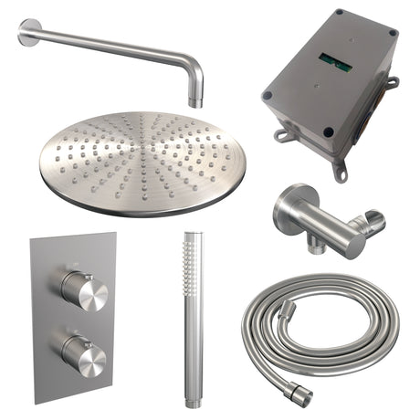 BRAUER Brushed Carving thermostatische inbouw regendouche 3-weg omstelling SET 28 met 30 cm douchekop en gebogen muurarm en staaf handdouche en doucheslang en wandaansluitbocht RVS geborsteld PVD
