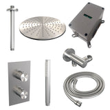 BRAUER Brushed Carving thermostatische inbouw regendouche 3-weg omstelling SET 30 met 30 cm douchekop en plafondarm en staaf handdouche en doucheslang en wandaansluitbocht RVS geborsteld PVD