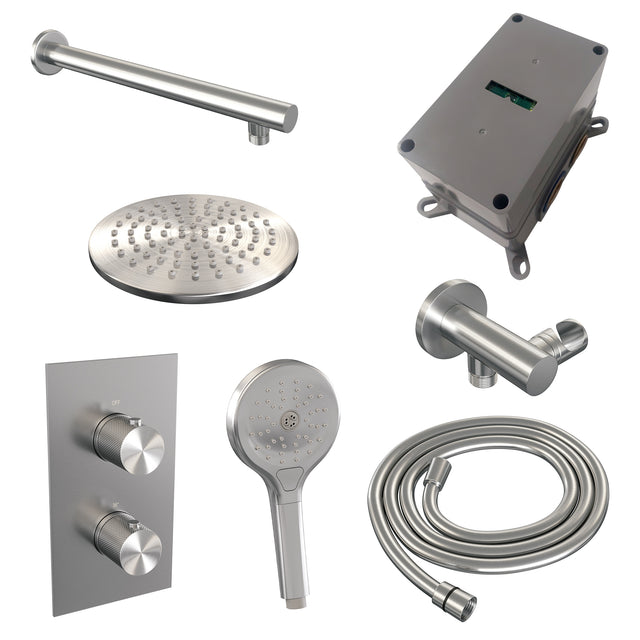 BRAUER Brushed Carving thermostatische inbouw regendouche 3-weg omstelling SET 31 met 20 cm douchekop en rechte muurarm en 3-standen handdouche en doucheslang en wandaansluitbocht RVS geborsteld PVD