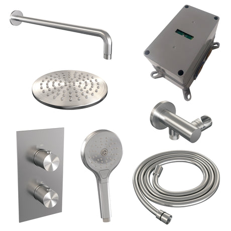 BRAUER Brushed Carving thermostatische inbouw regendouche 3-weg omstelling SET 33 met 20 cm douchekop en gebogen muurarm en 3-standen handdouche en doucheslang en wandaansluitbocht RVS geborsteld PVD