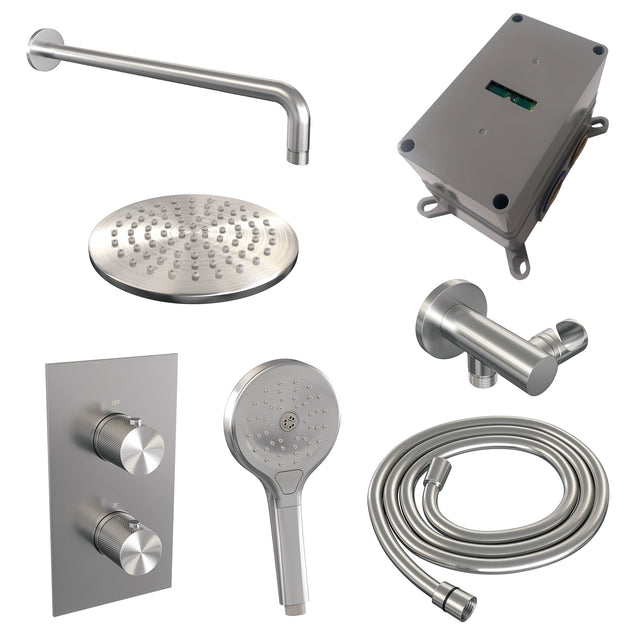 BRAUER Brushed Carving thermostatische inbouw regendouche 3-weg omstelling SET 33 met 20 cm douchekop en gebogen muurarm en 3-standen handdouche en doucheslang en wandaansluitbocht RVS geborsteld PVD