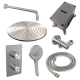 BRAUER Brushed Carving thermostatische inbouw regendouche 3-weg omstelling SET 34 met 30 cm douchekop en gebogen muurarm en 3-standen handdouche en doucheslang en wandaansluitbocht RVS geborsteld PVD