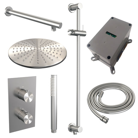 BRAUER Brushed Carving thermostatische inbouw regendouche 3-weg omstelling SET 38 met 30 cm douchekop en rechte muurarm en staaf handdouche en doucheslang en geïntegreerde glijstang RVS geborsteld PVD