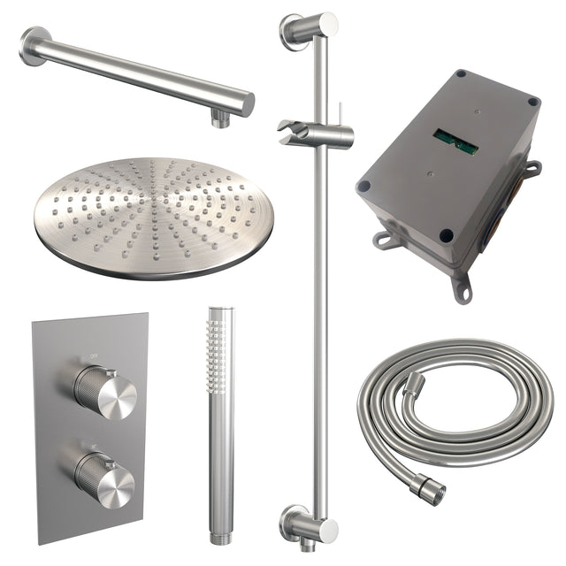 BRAUER Brushed Carving thermostatische inbouw regendouche 3-weg omstelling SET 38 met 30 cm douchekop en rechte muurarm en staaf handdouche en doucheslang en geïntegreerde glijstang RVS geborsteld PVD
