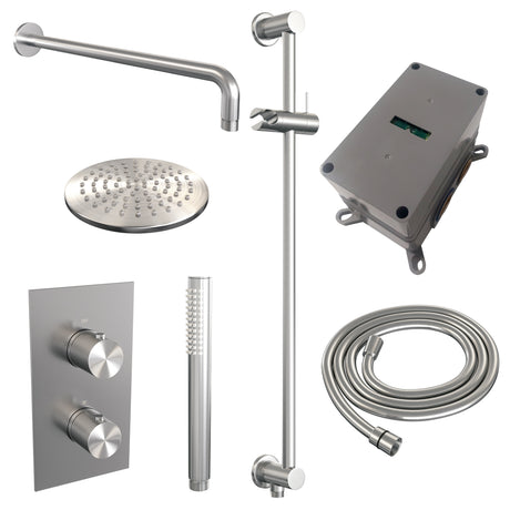 BRAUER Brushed Carving thermostatische inbouw regendouche 3-weg omstelling SET 39 met 20 cm douchekop en gebogen muurarm en staaf handdouche en doucheslang en geïntegreerde glijstang RVS geborsteld PVD
