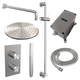BRAUER Brushed Carving thermostatische inbouw regendouche 3-weg omstelling SET 40 met 30 cm douchekop en gebogen muurarm en staaf handdouche en doucheslang en geïntegreerde glijstang RVS geborsteld PVD