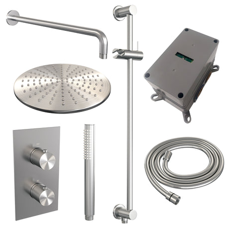 BRAUER Brushed Carving thermostatische inbouw regendouche 3-weg omstelling SET 40 met 30 cm douchekop en gebogen muurarm en staaf handdouche en doucheslang en geïntegreerde glijstang RVS geborsteld PVD