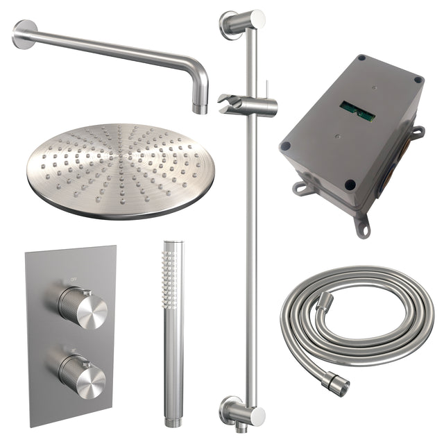 BRAUER Brushed Carving thermostatische inbouw regendouche 3-weg omstelling SET 40 met 30 cm douchekop en gebogen muurarm en staaf handdouche en doucheslang en geïntegreerde glijstang RVS geborsteld PVD