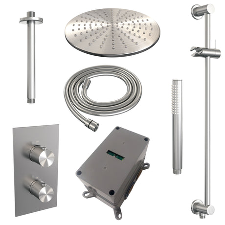 BRAUER Brushed Carving thermostatische inbouw regendouche 3-weg omstelling SET 42 met 30 cm douchekop en plafondarm en staaf handdouche en doucheslang en geïntegreerde glijstang RVS geborsteld PVD