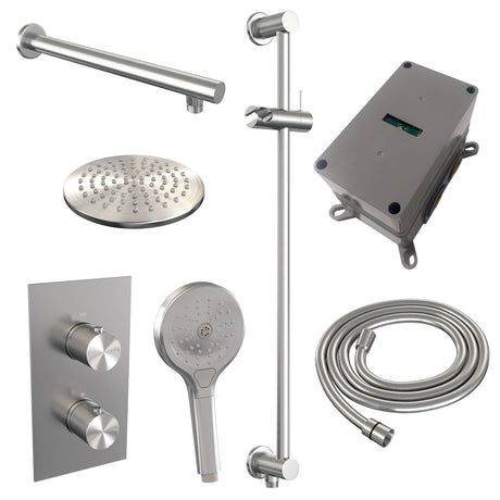 BRAUER Brushed Carving thermostatische inbouw regendouche 3-weg omstelling SET 43 met 20 cm douchekop en rechte muurarm en 3-standen handdouche en doucheslang en geïntegreerde glijstang RVS geborsteld PVD