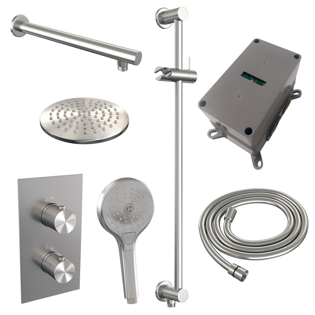 BRAUER Brushed Carving thermostatische inbouw regendouche 3-weg omstelling SET 43 met 20 cm douchekop en rechte muurarm en 3-standen handdouche en doucheslang en geïntegreerde glijstang RVS geborsteld PVD