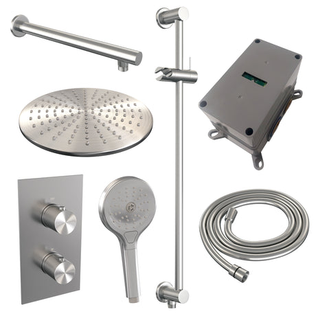 BRAUER Brushed Carving thermostatische inbouw regendouche 3-weg omstelling SET 44 met 30 cm douchekop en rechte muurarm en 3-standen handdouche en doucheslang en geïntegreerde glijstang RVS geborsteld PVD