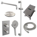 BRAUER Brushed Carving thermostatische inbouw regendouche 3-weg omstelling SET 45 met 20 cm douchekop en gebogen muurarm en 3-standen handdouche en doucheslang en geïntegreerde glijstang RVS geborsteld PVD