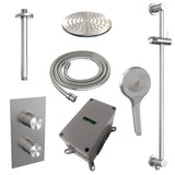 BRAUER Brushed Carving thermostatische inbouw regendouche 3-weg omstelling SET 47 met 20 cm douchekop en plafondarm en 3-standen handdouche en doucheslang en geïntegreerde glijstang RVS geborsteld PVD