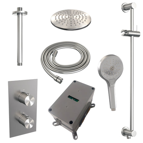 BRAUER Brushed Carving thermostatische inbouw regendouche 3-weg omstelling SET 47 met 20 cm douchekop en plafondarm en 3-standen handdouche en doucheslang en geïntegreerde glijstang RVS geborsteld PVD
