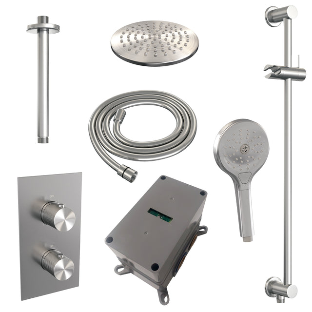 BRAUER Brushed Carving thermostatische inbouw regendouche 3-weg omstelling SET 47 met 20 cm douchekop en plafondarm en 3-standen handdouche en doucheslang en geïntegreerde glijstang RVS geborsteld PVD