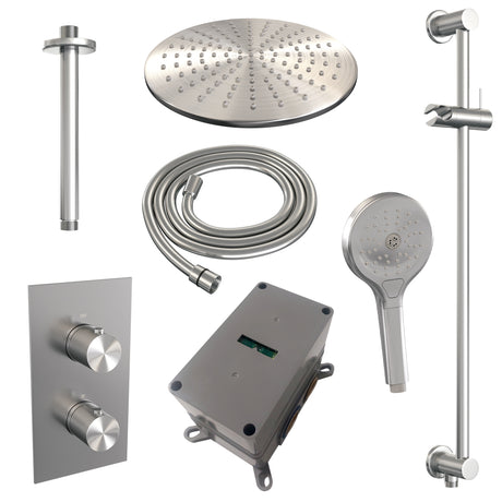 BRAUER Brushed Carving thermostatische inbouw regendouche 3-weg omstelling SET 48 met 30 cm douchekop en plafondarm en 3-standen handdouche en doucheslang en geïntegreerde glijstang RVS geborsteld PVD
