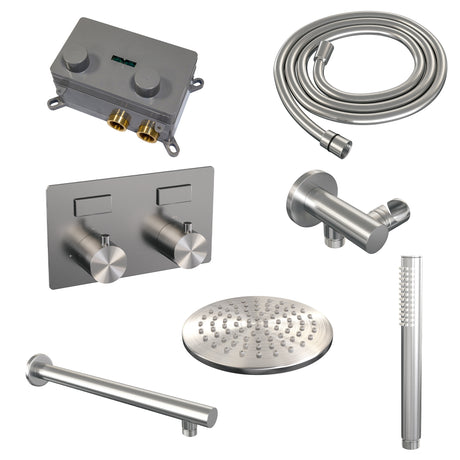 BRAUER Brushed Edition thermostatische inbouw regendouche met drukknoppen SET 49 met 20 cm douchekop en rechte muurarm en staaf handdouche en doucheslang en wandaansluitbocht RVS geborsteld PVD
