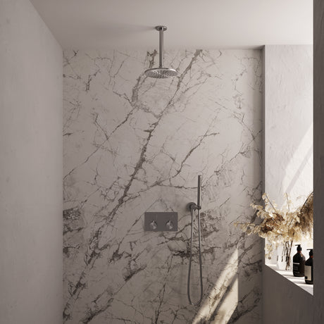 BRAUER Brushed Edition thermostatische inbouw regendouche met drukknoppen SET 53 met 20 cm douchekop en plafondarm en staaf handdouche en doucheslang en wandaansluitbocht RVS geborsteld PVD