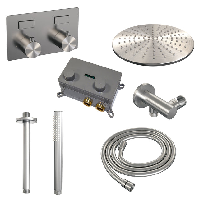 BRAUER Brushed Edition thermostatische inbouw regendouche met drukknoppen SET 54 met 30 cm douchekop en plafondarm en staaf handdouche en doucheslang en wandaansluitbocht RVS geborsteld PVD