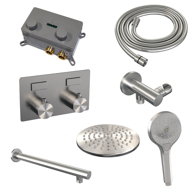BRAUER Brushed Edition thermostatische inbouw regendouche met drukknoppen SET 55 met 20 cm douchekop en rechte muurarm en 3-standen handdouche en doucheslang en wandaansluitbocht RVS geborsteld PVD