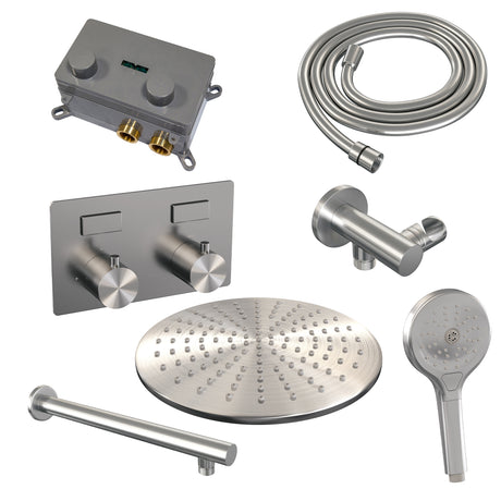 BRAUER Brushed Edition thermostatische inbouw regendouche met drukknoppen SET 56 met 30 cm douchekop en rechte muurarm en 3-standen handdouche en doucheslang en wandaansluitbocht RVS geborsteld PVD