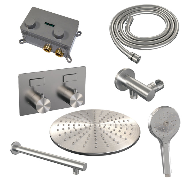 BRAUER Brushed Edition thermostatische inbouw regendouche met drukknoppen SET 56 met 30 cm douchekop en rechte muurarm en 3-standen handdouche en doucheslang en wandaansluitbocht RVS geborsteld PVD