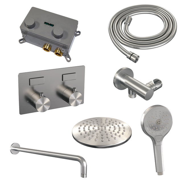 BRAUER Brushed Edition thermostatische inbouw regendouche met drukknoppen SET 57 met 20 cm douchekop en gebogen muurarm en 3-standen handdouche en doucheslang en wandaansluitbocht RVS geborsteld PVD