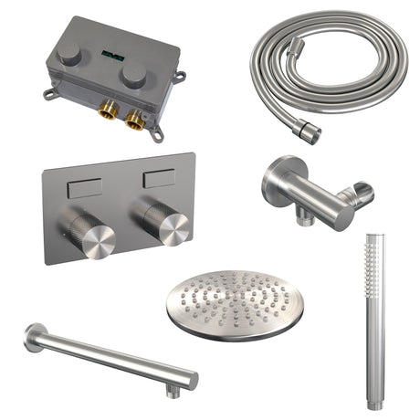 BRAUER Brushed Carving thermostatische inbouw regendouche met drukknoppen SET 49 met 20 cm douchekop en rechte muurarm en staaf handdouche en doucheslang en wandaansluitbocht RVS geborsteld PVD