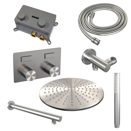 BRAUER Brushed Carving thermostatische inbouw regendouche met drukknoppen SET 50 met 30 cm douchekop en rechte muurarm en staaf handdouche en doucheslang en wandaansluitbocht RVS geborsteld PVD