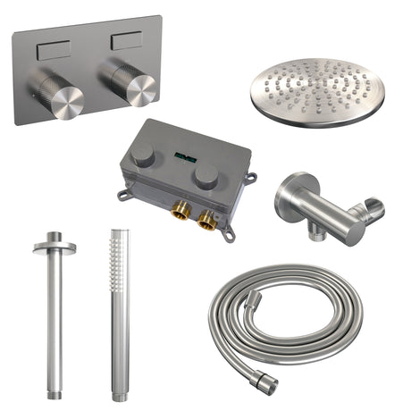 BRAUER Brushed Carving thermostatische inbouw regendouche met drukknoppen SET 53 met 20 cm douchekop en plafondarm en staaf handdouche en doucheslang en wandaansluitbocht RVS geborsteld PVD