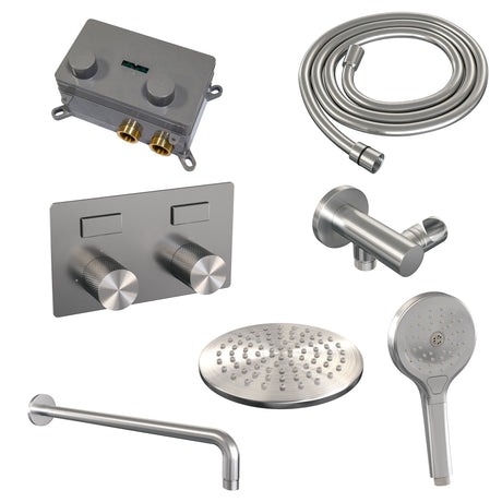 BRAUER Brushed Carving thermostatische inbouw regendouche met drukknoppen SET 57 met 20 cm douchekop en gebogen muurarm en 3-standen handdouche en doucheslang en wandaansluitbocht RVS geborsteld PVD
