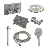 BRAUER Brushed Carving thermostatische inbouw regendouche met drukknoppen SET 59 met 20 cm douchekop en plafondarm en 3-standen handdouche en doucheslang en wandaansluitbocht RVS geborsteld PVD