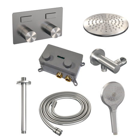 BRAUER Brushed Carving thermostatische inbouw regendouche met drukknoppen SET 59 met 20 cm douchekop en plafondarm en 3-standen handdouche en doucheslang en wandaansluitbocht RVS geborsteld PVD
